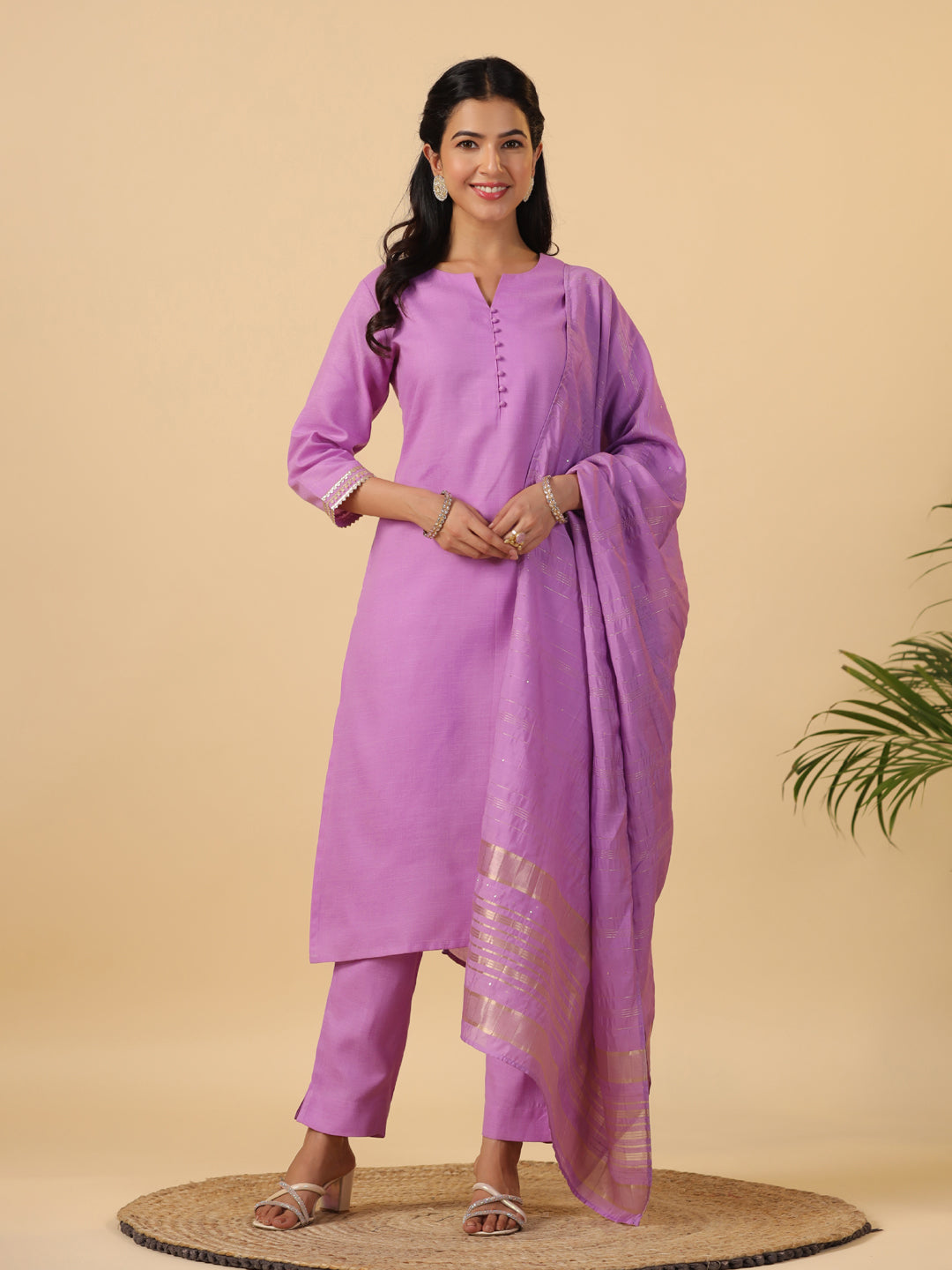 Janasya Regular Magics Slub Lavender Solid Notch Neck Kurta,Bottom & Dupatta