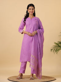Thumbnail for Janasya Regular Magics Slub Lavender Solid Notch Neck Kurta,Bottom & Dupatta