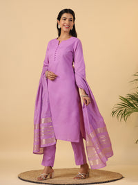 Thumbnail for Janasya Regular Magics Slub Lavender Solid Notch Neck Kurta,Bottom & Dupatta