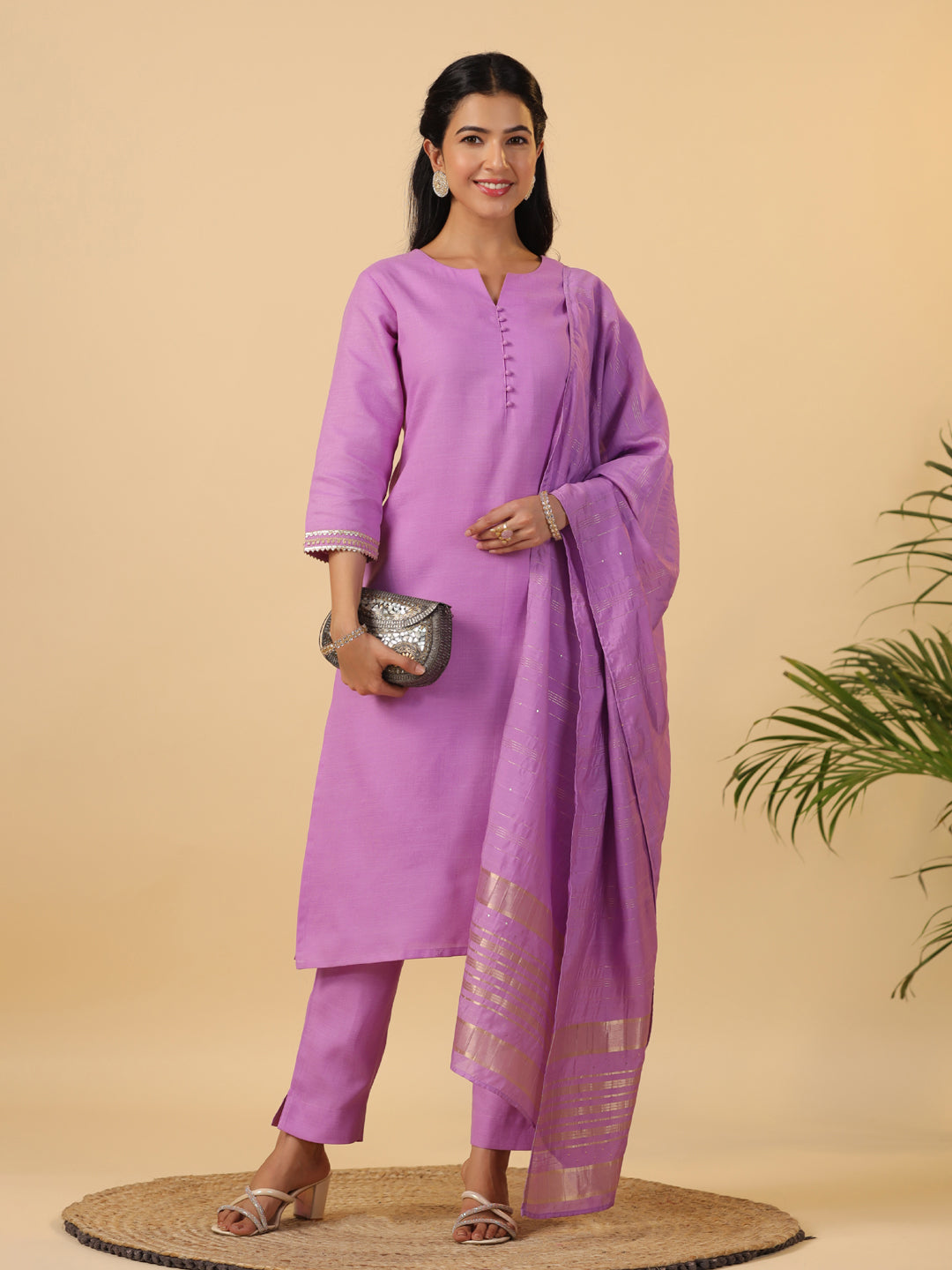 Janasya Regular Magics Slub Lavender Solid Notch Neck Kurta,Bottom & Dupatta