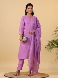 Thumbnail for Janasya Regular Magics Slub Lavender Solid Notch Neck Kurta,Bottom & Dupatta