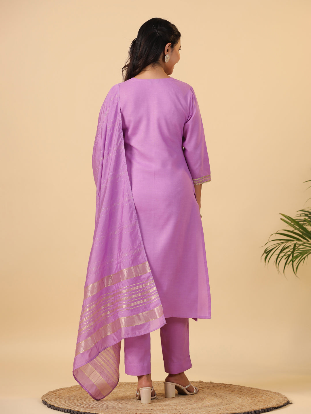 Janasya Regular Magics Slub Lavender Solid Notch Neck Kurta,Bottom & Dupatta