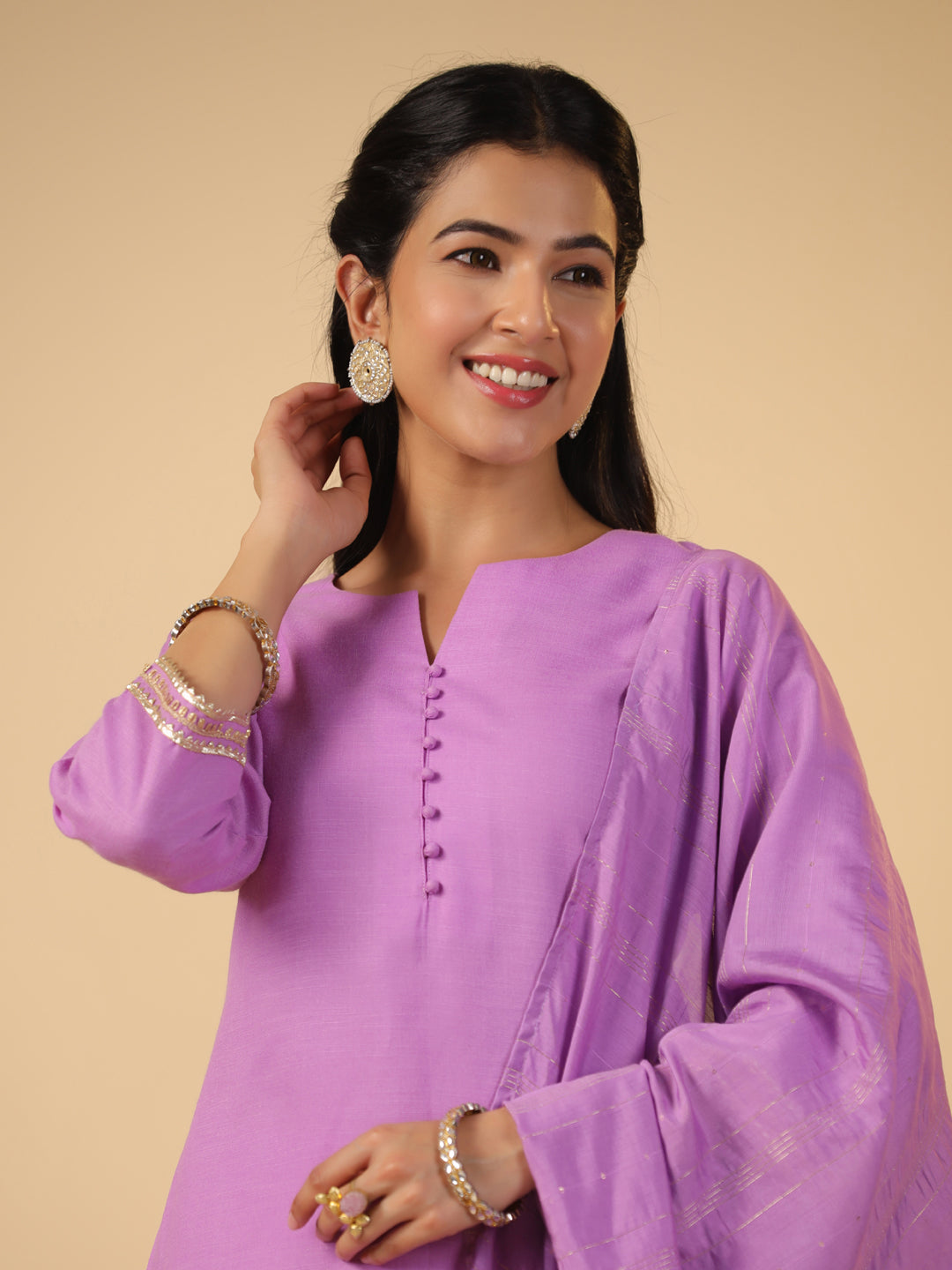 Janasya Regular Magics Slub Lavender Solid Notch Neck Kurta,Bottom & Dupatta