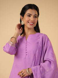 Thumbnail for Janasya Regular Magics Slub Lavender Solid Notch Neck Kurta,Bottom & Dupatta