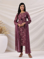 Thumbnail for Janasya Regular Biscuit Slub Violet Abstract Tie-Up Neck Kurta,Bottom & Dupatta - Distacart