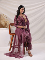 Thumbnail for Janasya Regular Biscuit Slub Violet Abstract Tie-Up Neck Kurta,Bottom & Dupatta - Distacart