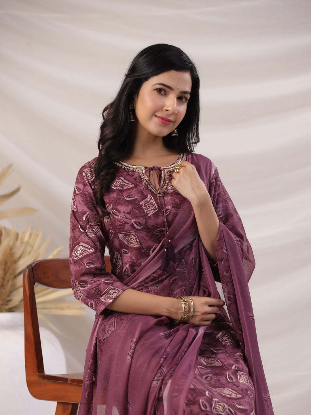 Janasya Regular Biscuit Slub Violet Abstract Tie-Up Neck Kurta,Bottom & Dupatta - Distacart