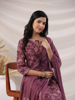Thumbnail for Janasya Regular Biscuit Slub Violet Abstract Tie-Up Neck Kurta,Bottom & Dupatta - Distacart