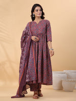 Thumbnail for Janasya A-Line Cotton Blend Wine Abstract Round Neck Kurta,Bottom & Dupatta - Distacart