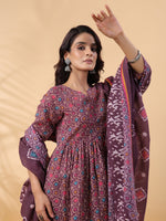 Thumbnail for Janasya A-Line Cotton Blend Wine Abstract Round Neck Kurta,Bottom & Dupatta - Distacart