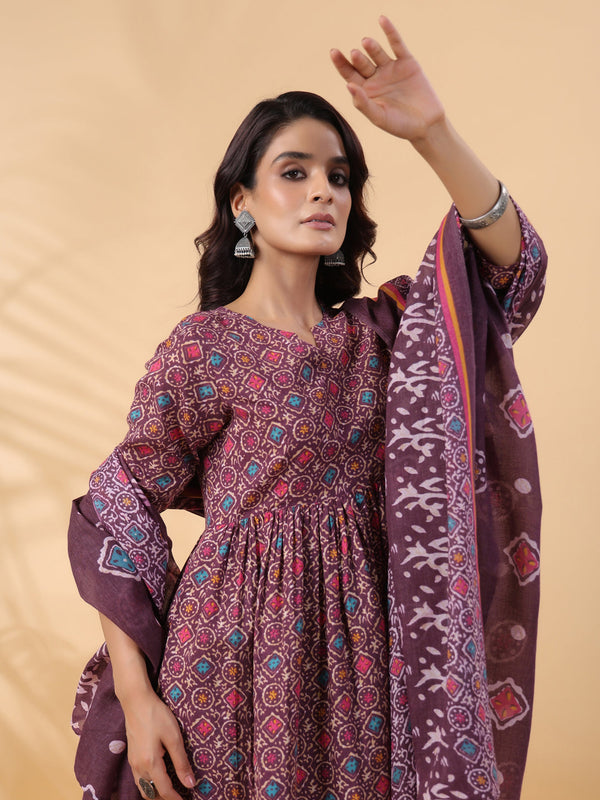 Janasya A-Line Cotton Blend Wine Abstract Round Neck Kurta,Bottom & Dupatta - Distacart