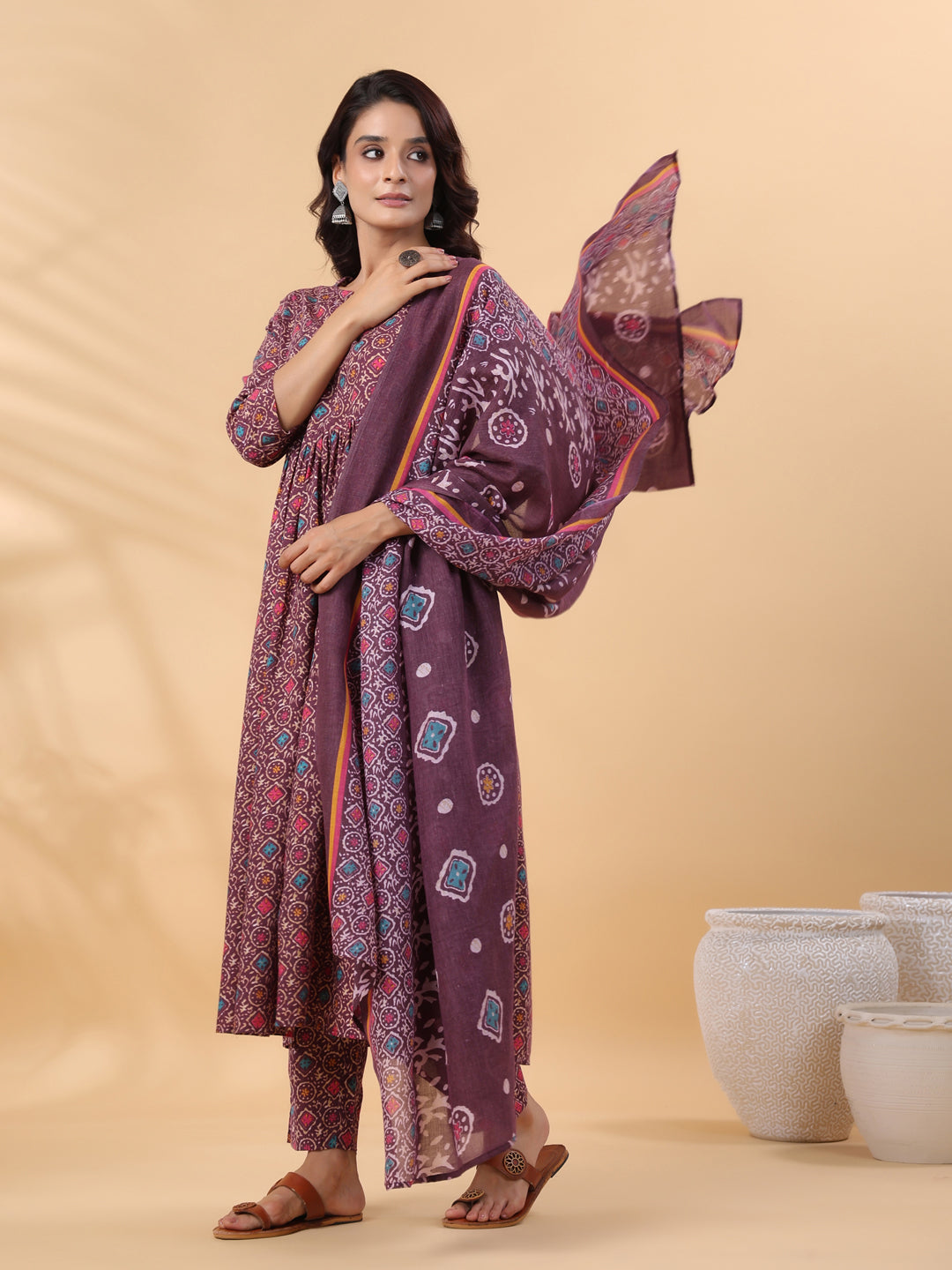 Janasya A-Line Cotton Blend Wine Abstract Round Neck Kurta,Bottom & Dupatta - Distacart