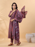 Thumbnail for Janasya A-Line Cotton Blend Wine Abstract Round Neck Kurta,Bottom & Dupatta - Distacart