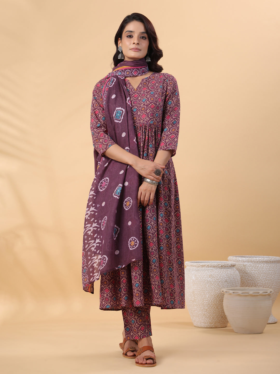 Janasya A-Line Cotton Blend Wine Abstract Round Neck Kurta,Bottom & Dupatta - Distacart