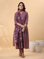 Thumbnail for Janasya A-Line Cotton Blend Wine Abstract Round Neck Kurta,Bottom & Dupatta - Distacart