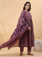Thumbnail for Janasya A-Line Cotton Blend Wine Abstract Round Neck Kurta,Bottom & Dupatta - Distacart