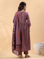 Thumbnail for Janasya A-Line Cotton Blend Wine Abstract Round Neck Kurta,Bottom & Dupatta - Distacart