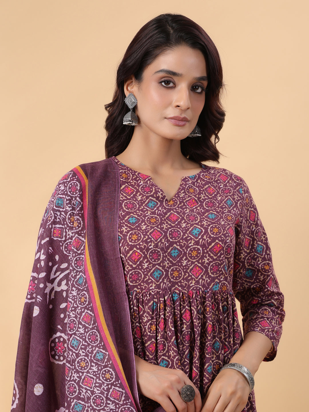 Janasya A-Line Cotton Blend Wine Abstract Round Neck Kurta,Bottom & Dupatta - Distacart