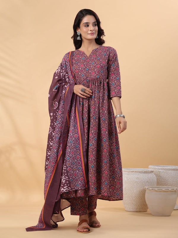 Janasya A-Line Cotton Blend Wine Abstract Round Neck Kurta,Bottom & Dupatta - Distacart