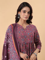 Thumbnail for Janasya A-Line Cotton Blend Wine Abstract Round Neck Kurta,Bottom & Dupatta - Distacart