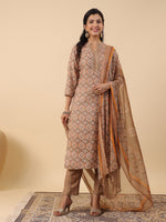 Thumbnail for Janasya Straight Biscuit Slub Brown Ethnic Motifs Band Collar Kurta,Bottom & Dupatta - Distacart