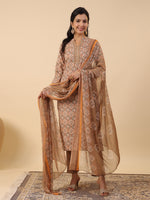 Thumbnail for Janasya Straight Biscuit Slub Brown Ethnic Motifs Band Collar Kurta,Bottom & Dupatta - Distacart