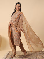 Thumbnail for Janasya Straight Biscuit Slub Brown Ethnic Motifs Band Collar Kurta,Bottom & Dupatta - Distacart