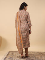 Thumbnail for Janasya Straight Biscuit Slub Brown Ethnic Motifs Band Collar Kurta,Bottom & Dupatta - Distacart