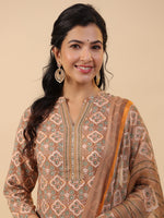 Thumbnail for Janasya Straight Biscuit Slub Brown Ethnic Motifs Band Collar Kurta,Bottom & Dupatta - Distacart