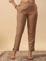 Thumbnail for Janasya Straight Biscuit Slub Brown Ethnic Motifs Band Collar Kurta,Bottom & Dupatta - Distacart