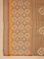 Thumbnail for Janasya Straight Biscuit Slub Brown Ethnic Motifs Band Collar Kurta,Bottom & Dupatta - Distacart