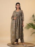 Thumbnail for Janasya Gathered Poly Cotton Olive Floral Alia Cut Neck Kurta,Bottom & Dupatta - Distacart