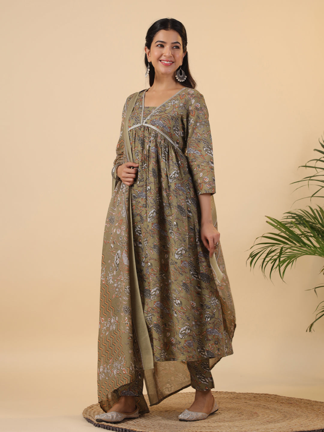 Janasya Gathered Poly Cotton Olive Floral Alia Cut Neck Kurta,Bottom & Dupatta - Distacart
