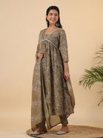 Thumbnail for Janasya Gathered Poly Cotton Olive Floral Alia Cut Neck Kurta,Bottom & Dupatta - Distacart