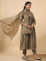Thumbnail for Janasya Gathered Poly Cotton Olive Floral Alia Cut Neck Kurta,Bottom & Dupatta - Distacart