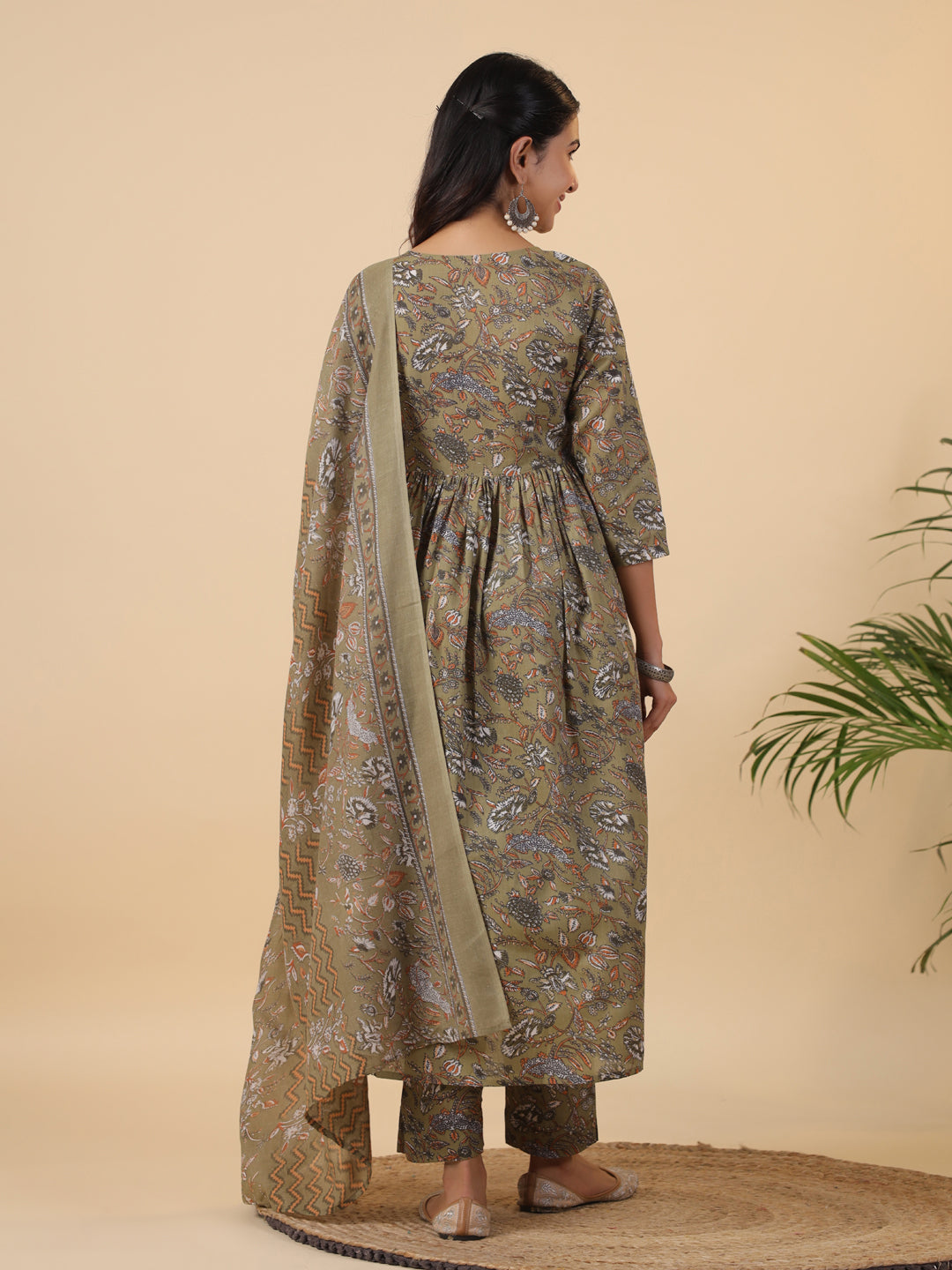 Janasya Gathered Poly Cotton Olive Floral Alia Cut Neck Kurta,Bottom & Dupatta - Distacart