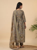 Thumbnail for Janasya Gathered Poly Cotton Olive Floral Alia Cut Neck Kurta,Bottom & Dupatta - Distacart