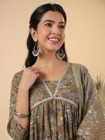 Thumbnail for Janasya Gathered Poly Cotton Olive Floral Alia Cut Neck Kurta,Bottom & Dupatta - Distacart