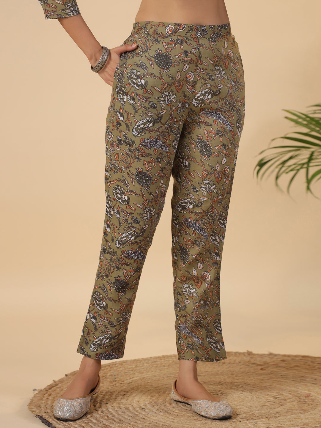 Janasya Gathered Poly Cotton Olive Floral Alia Cut Neck Kurta,Bottom & Dupatta - Distacart