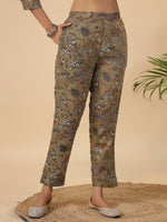 Thumbnail for Janasya Gathered Poly Cotton Olive Floral Alia Cut Neck Kurta,Bottom & Dupatta - Distacart
