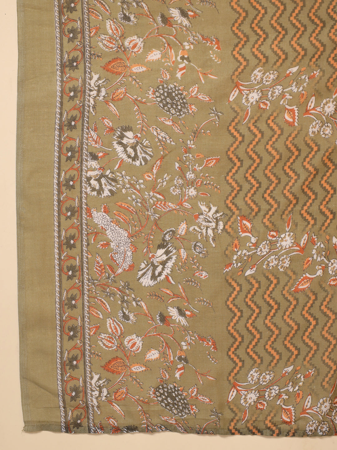Janasya Gathered Poly Cotton Olive Floral Alia Cut Neck Kurta,Bottom & Dupatta - Distacart