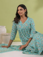 Thumbnail for Janasya A-Line Poly Cotton Aqua Floral V-Neck Kurta,Bottom & Dupatta - Distacart