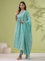 Thumbnail for Janasya A-Line Poly Cotton Aqua Floral V-Neck Kurta,Bottom & Dupatta - Distacart