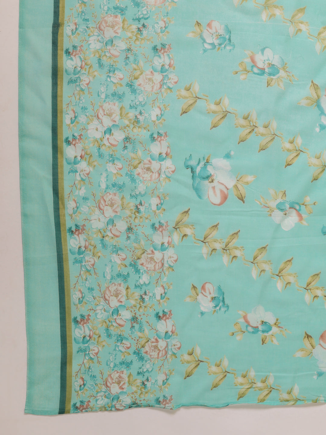 Janasya A-Line Poly Cotton Aqua Floral V-Neck Kurta,Bottom & Dupatta - Distacart