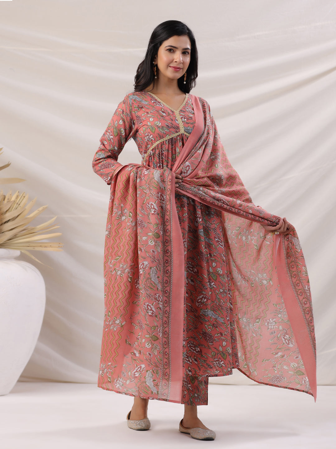 Janasya Pleated Poly Cotton Peach Floral V-Neck Kurta,Bottom & Dupatta - Distacart