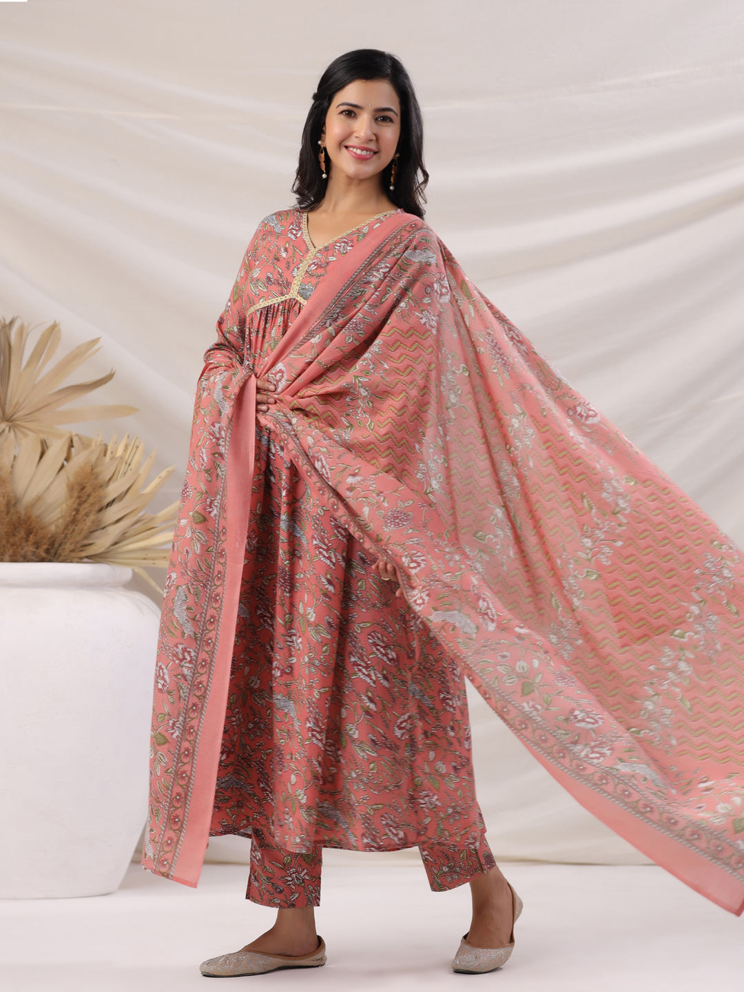 Janasya Pleated Poly Cotton Peach Floral V-Neck Kurta,Bottom & Dupatta - Distacart