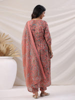 Thumbnail for Janasya Pleated Poly Cotton Peach Floral V-Neck Kurta,Bottom & Dupatta - Distacart