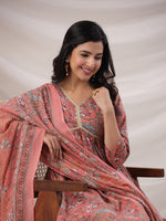 Thumbnail for Janasya Pleated Poly Cotton Peach Floral V-Neck Kurta,Bottom & Dupatta - Distacart