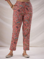 Thumbnail for Janasya Pleated Poly Cotton Peach Floral V-Neck Kurta,Bottom & Dupatta - Distacart