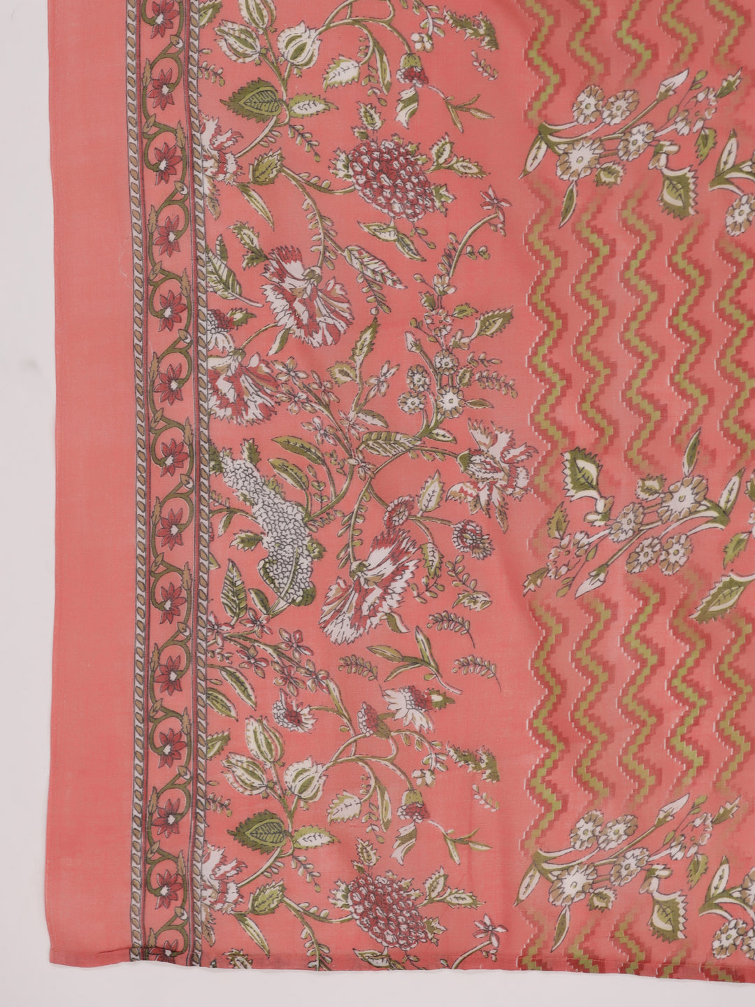 Janasya Pleated Poly Cotton Peach Floral V-Neck Kurta,Bottom & Dupatta - Distacart